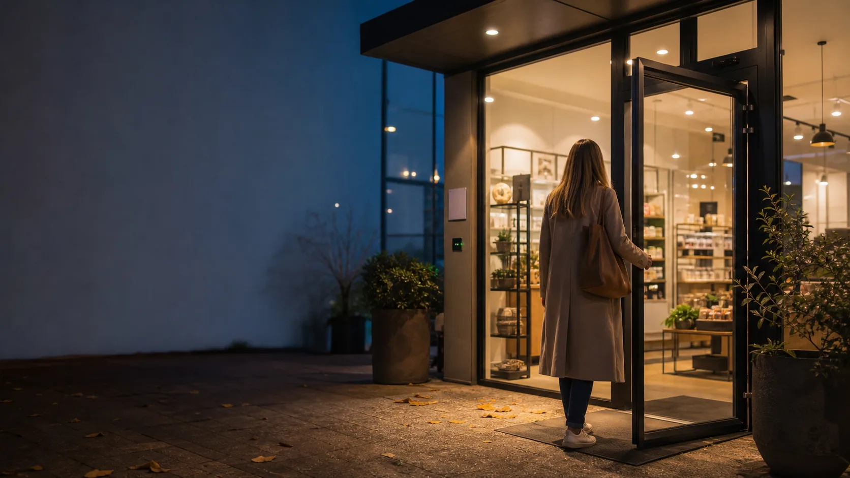 Kunde scanner QR-kode ved butiksdør i aftentimerne.