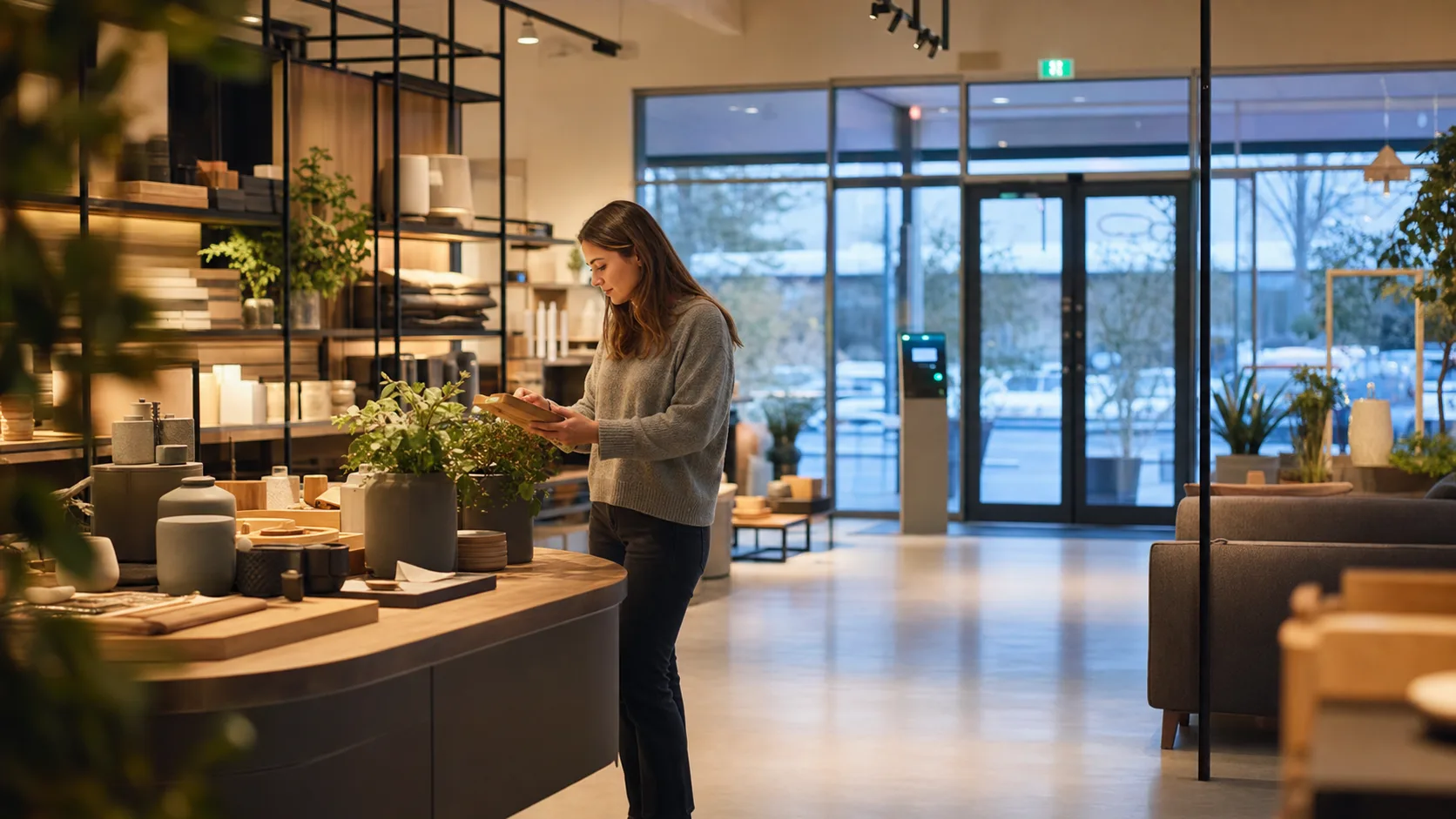 Kunde handler i roligt showroom uden personale til stede.