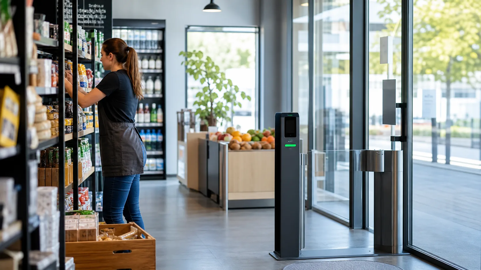 Butiksmedarbejder fylder varer op, mens døren viser QR-kode til selvbetjening.
