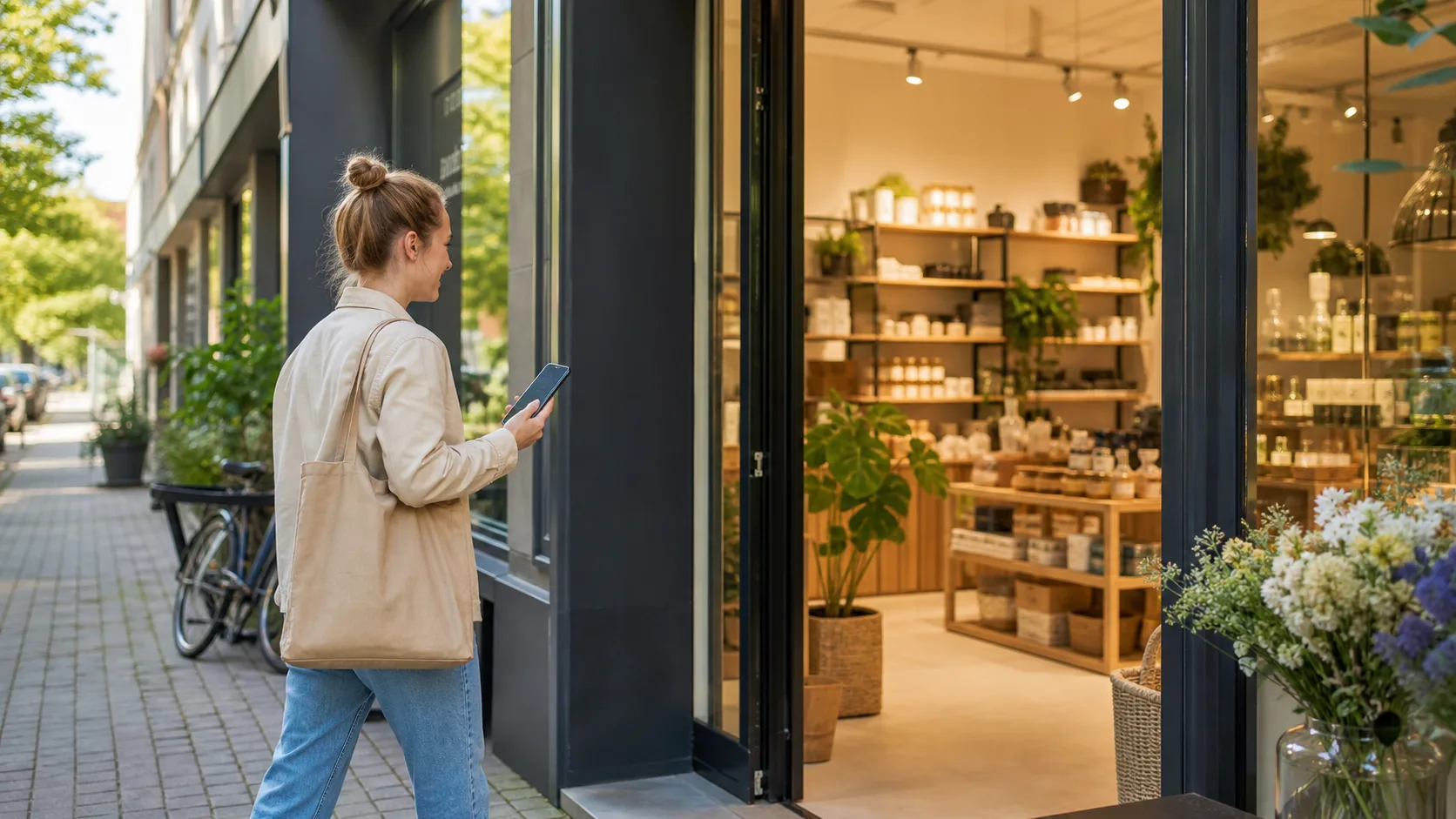 Moderne fysisk butik med åben dør, QR-kode og kunde på vej ind.