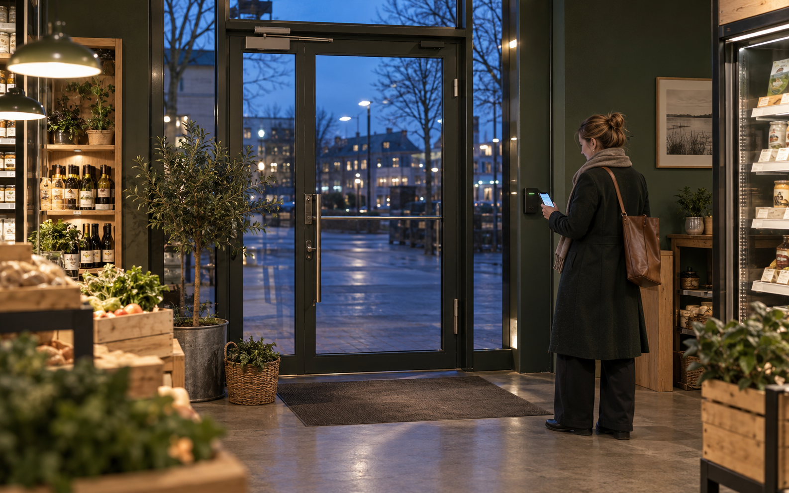 Kunde bruger personlig MitID-adgang ved indgangen til en selvbetjent butik om aftenen
