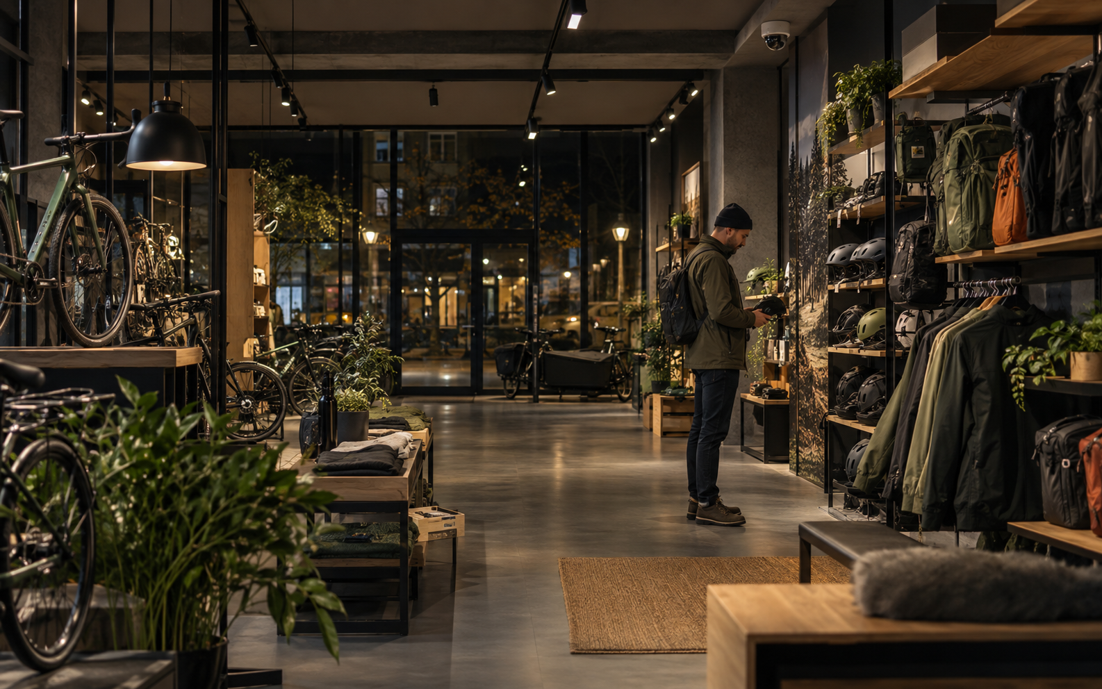 Rolig selvbetjening i en sikret cykel- og outdoorbutik efter lukketid