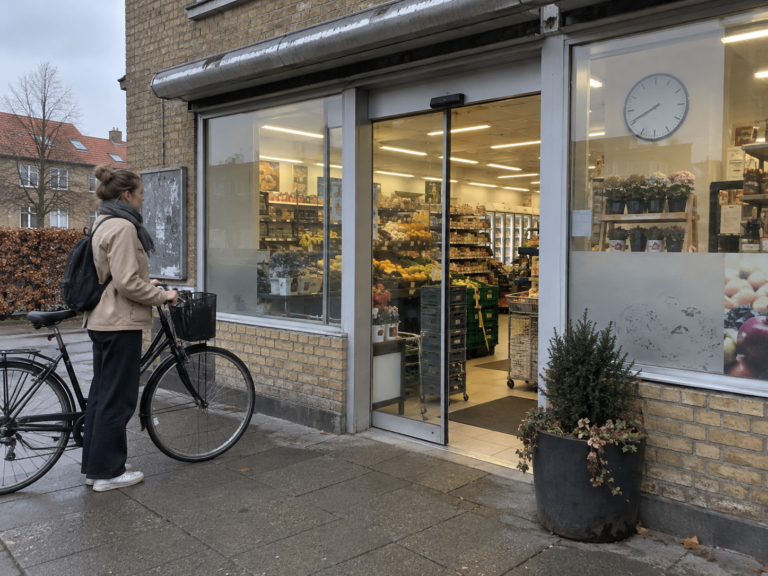 Illustration af en kunde med cykel ved en dagligvarebutik om morgenen.