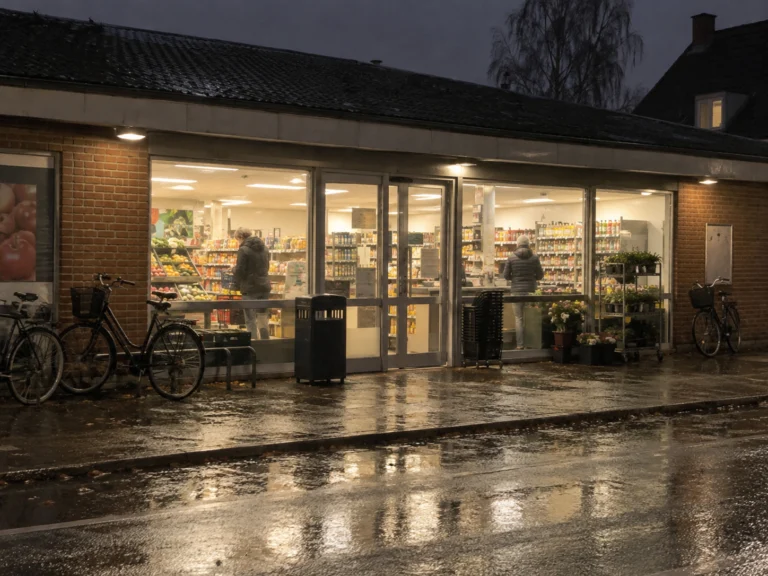 Kunder, der handler i en oplyst butik efter mørkets frembrud.
