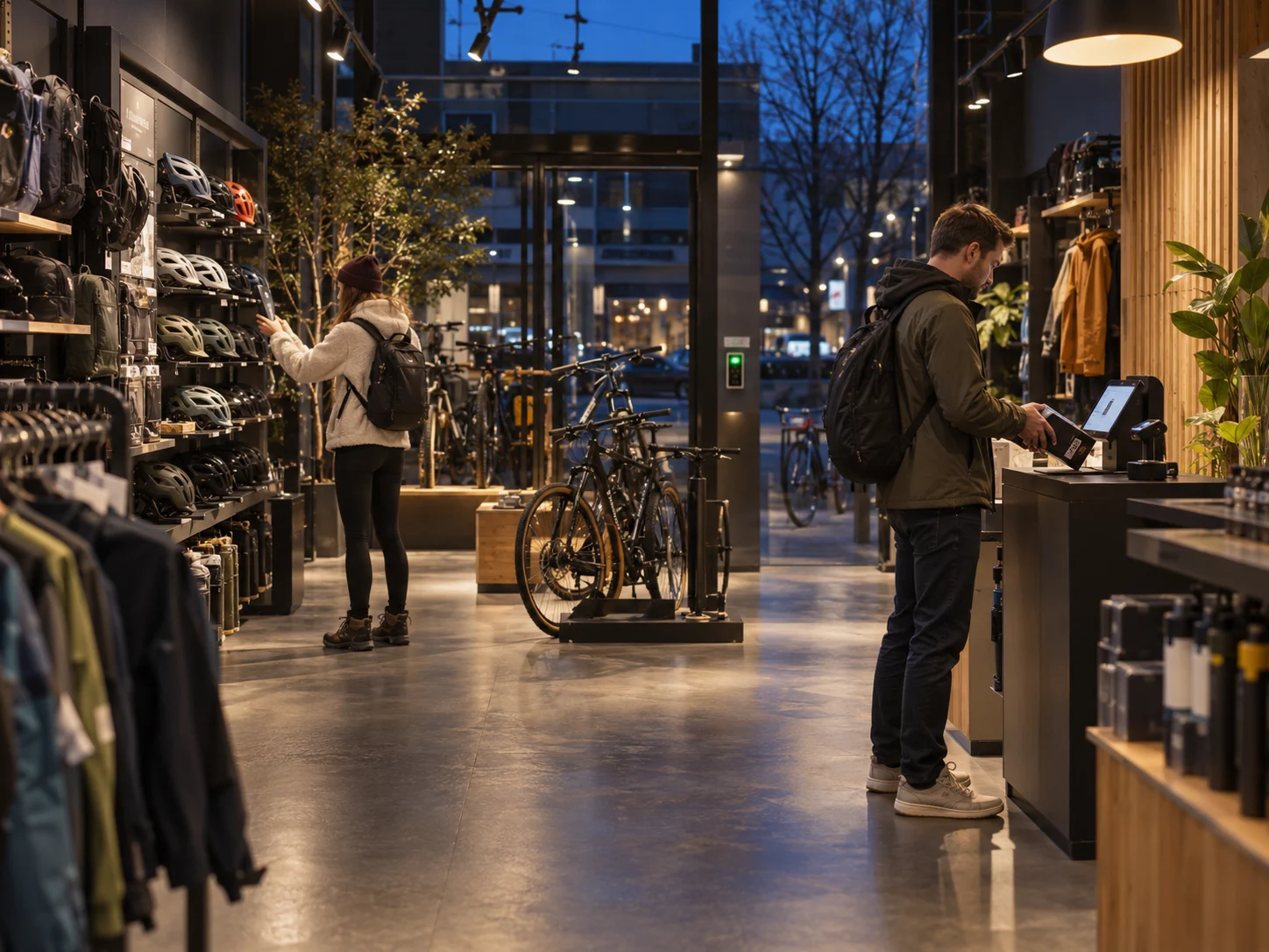 Kunder handler selv i en cykel- og outdoorbutik om aftenen