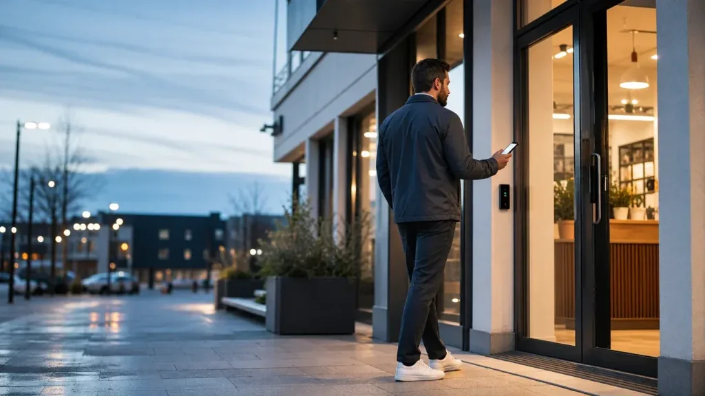 Besøgende bruger sin mobiltelefon ved indgangen til en oplyst butik om aftenen.