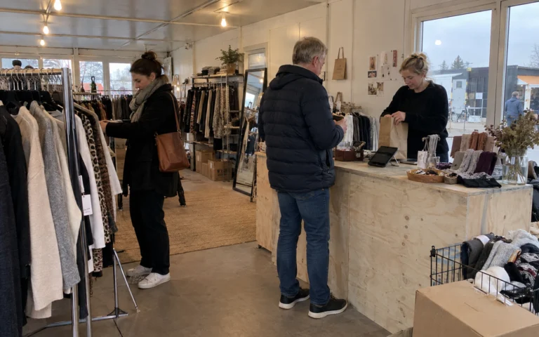 Kunder besøger en midlertidig butik med tøj og varer på udstilling.
