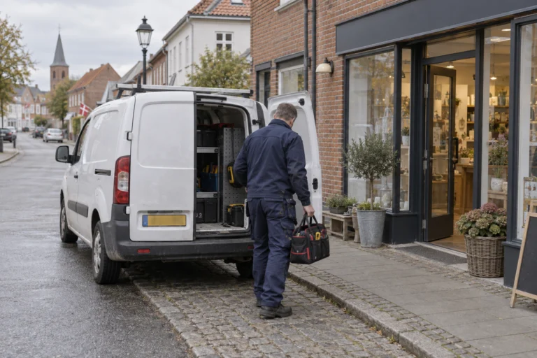 En installatør med værktøj ved en lokal butik.